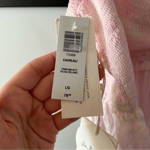 [L] NWT La Boheme Pink & White Tie Dye Boho Ruffle Cropped Strappy Dareau Blouse - Picture 11 of 11